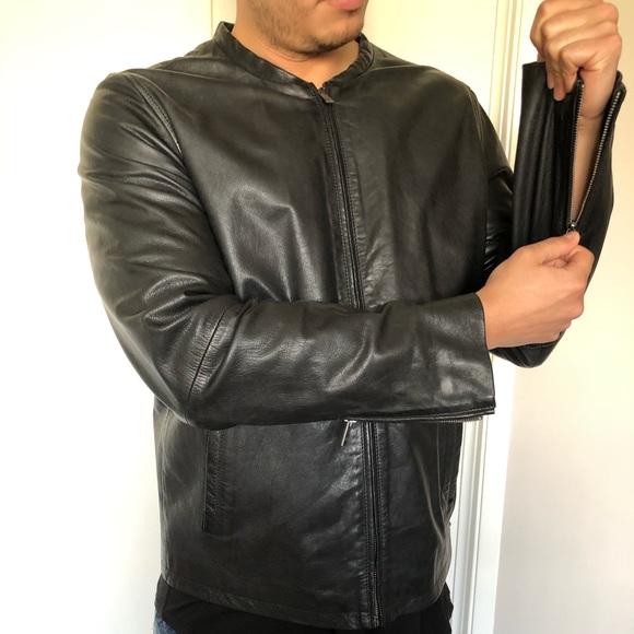 Scotch & Soda Black Leather Jacket Euro Collar - Picture 2 of 5